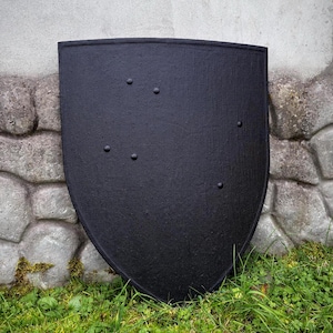 May include: A black shield with a textured surface and several small, round rivets. The shield is leaning against a stone wall and is partially surrounded by green grass. The shield has a classic, medieval design.