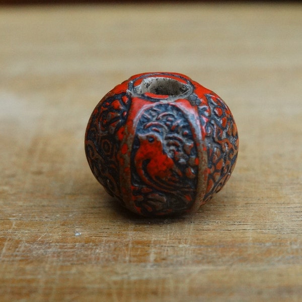 Antique Japanese Carved Red Lacquer Ojime Bead Bird Flower Insect Carving Meiji period Japan