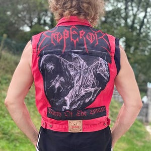Emperor Denim Vest - Upcycled Red Jean Jacket, Hand-Stitched Black Metal Patch