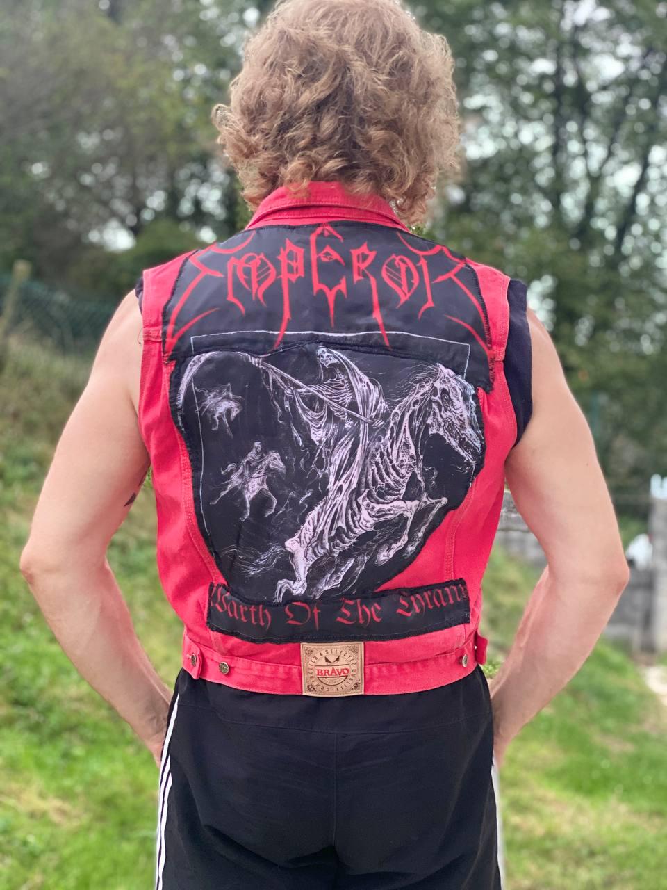 Emperor Denim Vest - Upcycled Red Jean Jacket, Hand-stitched Black