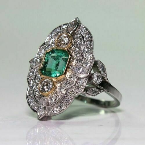 Art Deco 3.10 Ct Emerald Diamond Vintage Engagement Ring 14K | Etsy