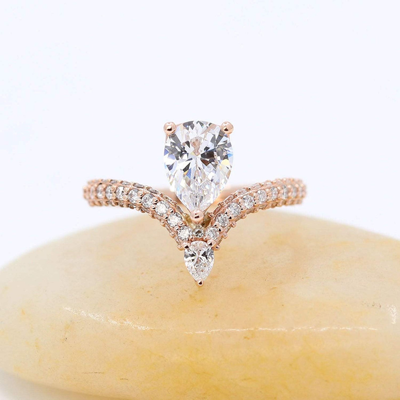 Pear Diamond Chevron Engagement Ring 14k Rose Gold Over 925 Etsy