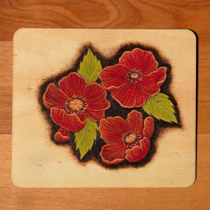 Red Poppy Flowers - Original Wood Burned Painting - Palestinian-Inspired Artwork - 100% of Purchase Donated to Trusted Charity