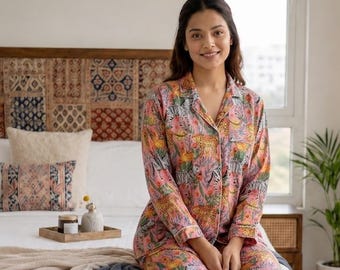 Handgestricktes Pfirsich Dschungel Pyjama Set Indian Tiger print PJ set wome wear maxi dress