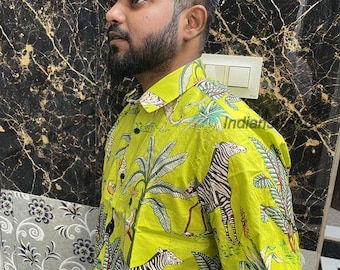 Lemon Yellow Forest Print Shirt Cotton Slim Fit Shirt For Men's Gifts Shirt's