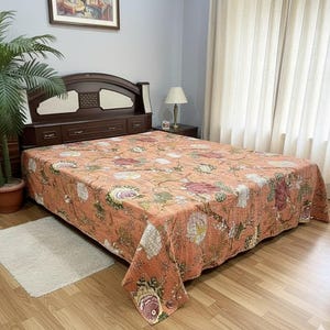 Boho Kantha Quilt: Handmade Cotton Bedspread, Sofa Throw Blanket, Peach Multicoloured