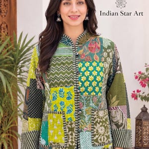 May include: A long-sleeved quilted jacket featuring a patchwork design with various green, yellow, and white floral and geometric patterns. The jacket has a mandarin collar, a front button closure, and two rectangular front pockets with dark trim.