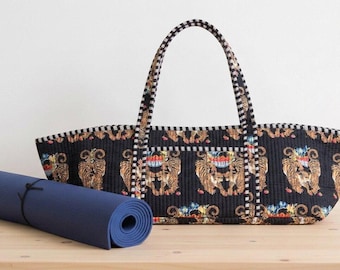 Quilted Black Tiger Print Yoga Mat Bag: Indian Handmade Cotton Tote bag