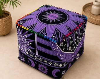 Handgedruckter lila Baumwolle Ottoman Pouf Bezug, Boho Mandala Bodenkissen (nur Bezug)