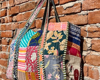 Bolso tote de patchwork hecho a mano: bolso de hombro acolchado de algodón indio