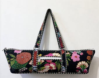 Quilted Black Floral Print Yoga Mat Bag: Indian Handmade Cotton large Tote bag