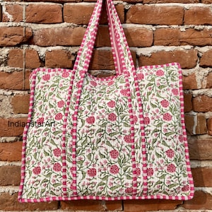 Handmade Floral Patchwork Cotton Tote Bag - Gray Quilted Market Bag