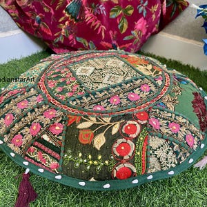 Green Patchwork Floor Pillow Cover: Embroidered Boho Cushion