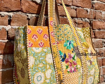 Handmade Indian Patchwork Tote Bag: Quilted Cotton Shoulder Bag