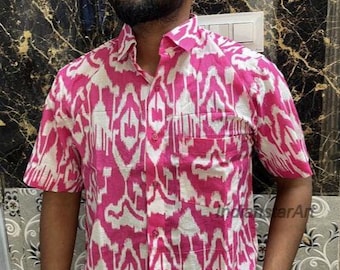 Pink and White Ikat Printed Shirt Cotton Men's Slim Fit Shirt