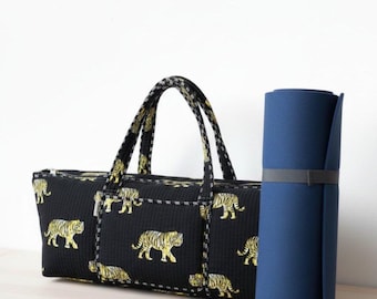 Black Quilted Tiger Print Yoga Mat Bag: Indian Handmade Cotton Tote bag