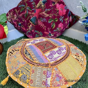Yellow Patchwork Floor Pillow Cover: Indian Boho Cushion Seating