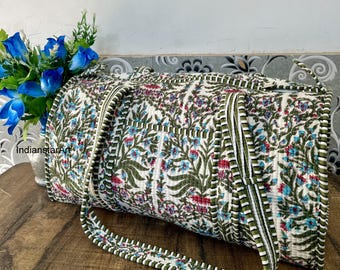 Bolsa de viaje acolchada de algodón con estampado de bloques