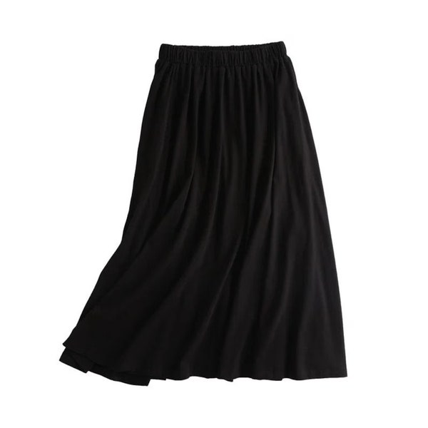 Black Midi Skirt, Cotton Skirt, Women Skirt, Elastic waist Skirt Formal Wear Skirt, Casual Loose Skirts Solid Plain Long Skirts