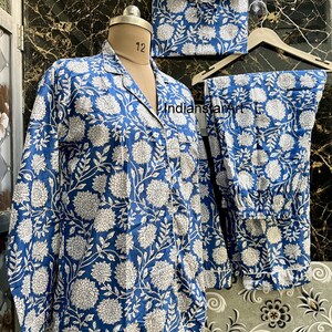 Blue Floral Cotton Pajama Set: Soft Nighty, Lounge Set