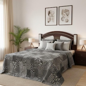 Edredón Kantha de patchwork multicolor negro: funda de cama 100% algodón, decoración bohemia para el hogar.