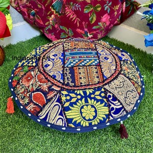 Blue Patchwork Floor Pillow Cover: Indian Boho Cushion, Large Round Seating