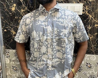Grey and White Floral Print Shirt Cotton Slim Fit Shirt For Men's Gifts Shirt's