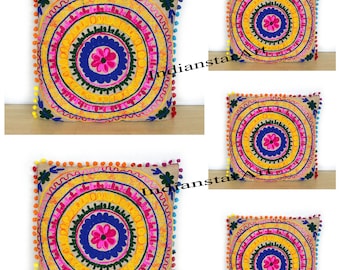 Handmade Jute Pillows Cushion Case Covers 16x16" Suzani 5 Pcs Set Of Square Cushion Cover Sofa Decorative Multi Floral Indian