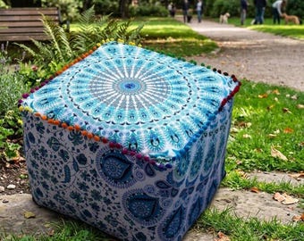 Funda de puf otomano de algodón estampada a mano, diseño de mandala de pavo real azul, manta de suelo estilo boho.