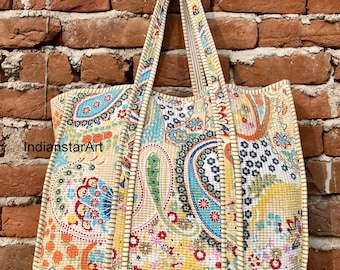 Handmade Paisley Beige Tote Bag: Quilted Cotton Shopping Bags