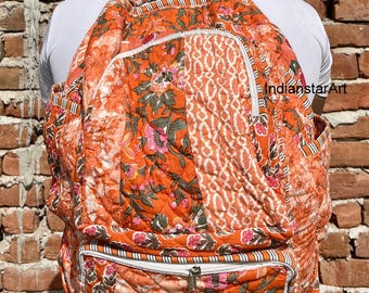 Orange Patchwork Backpack: Hand-blocked Cotton Boho Laptop Bag