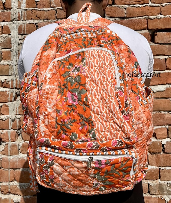 Orange Patchwork Backpack: Hand-blocked Cotton Boho Laptop  display picture 1