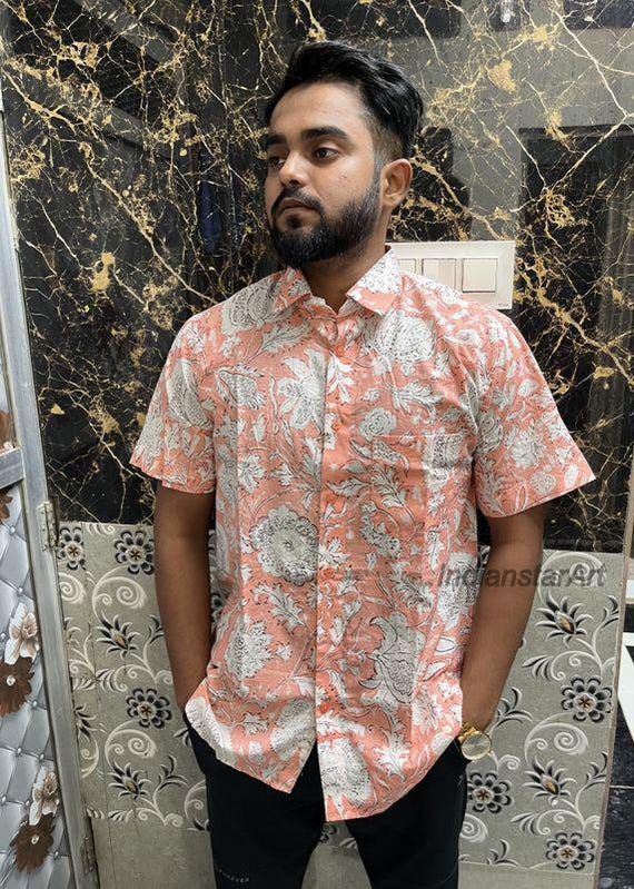 Peach Floral Cotton Mens Shirt | Casual Printed Shirt Orange / M