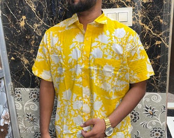 Yellow and White Floral Print Shirt Cotton Slim Fit Shirt For Men's Gifts Shirt's