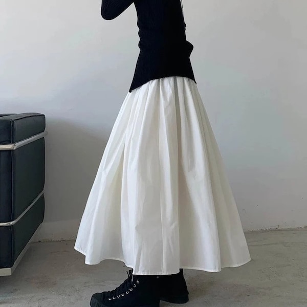 White Midi Skirts, Cotton Skirts, Woman's Skirts, Elastic Waist Skirt, Formal Wear Skirt, Casual Loose Skirts Solid White Skirts Beach Dress