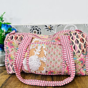 Blockprint Quilted Duffle Bag: Large Cotton Weekender Travel Bag