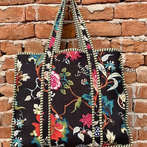 Black Floral Patchwork Tote Bag: Hand-Stitched Quilted Cotton