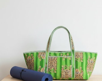 Quilted Green Tiger Print Yoga Mat Bag: Indian Handmade Cotton Tote Bag