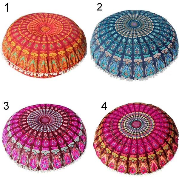 1 PCs Assorted Large Mandala Floor Pillows Round Bohemian Meditation Cushion Covers, Indian Seating Cushion Covers