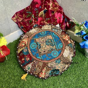 Boho Floor Pillow Cover: Large Round Indian Patchwork Cushion