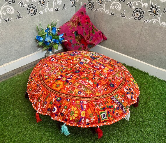32" Bohemian Patchwork Floor Cushion Cover – Vintage Indian Round Pillow Case (Cotton)
