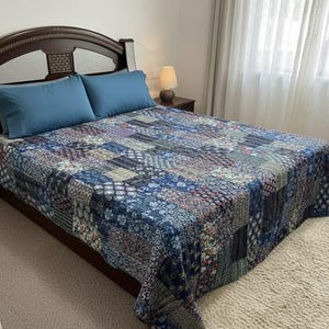 Boho Patchwork Kantha Quilt: Indigo Blue Cotton Bedspread, Sofa Throw Blanket