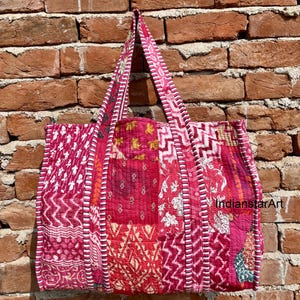 Rosa Handtasche Indische handgemachte Patchworktasche, gesteppte Markttasche handgenäht, stilvolle Einkaufstasche, Einkaufstasche, Hippietasche, gedruckte Umhängetasche