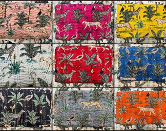 Vintage Bedruckte Kantha Quilt Handgemachte Kantha Bettdecke Indische Kantha Tagesdecke Überwurf Baumwolle Decke Gudari Kantha Queen Quilt zum Verkauf, Geschenk