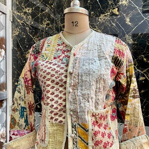 Beautiful Beige Floral 100% Cotton Handmade Reversible Light Weight Quilted Short Jacket,Patchwork New Style Coat,Partywear OR Gift For Her