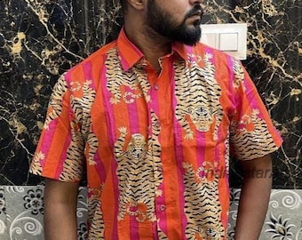 Orange Pink Tiger Print Shirt - Slim Fit Cotton Menswear