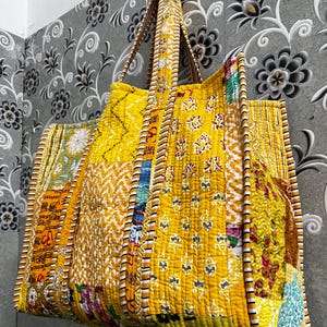 Multi Gelb indische handgemachte Patchworktasche, gesteppte Markttasche handgenäht, stilvolle Einkaufstasche, Einkaufstasche, Hippietasche, gedruckte Umhängetaschen