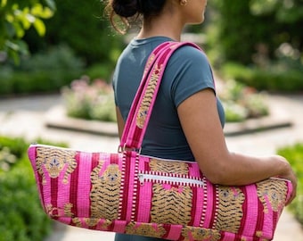 NEW Quilted Tiger Print Yoga Mat Bag: Indian Handmade Cotton Tote bag