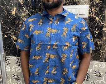 Royal Blue Tiger Printed Shirt Cotton Men's Slim Fit Shirt
