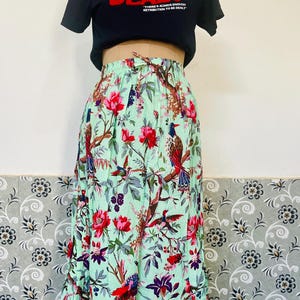 BIRD Print Skirt / Boho Cotton Skirt / Light Mint Green Indian Skirt / for Festive Occasions \ Cotton Maxi Skirt \ Summer Casual Wear
